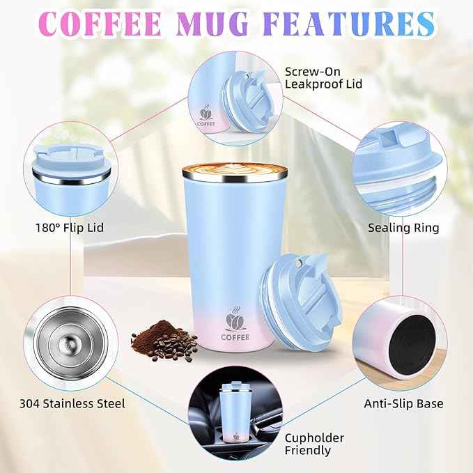 17oz Insulated Travel Coffee Mug with Flip Lid – Leakproof Stainless Steel Insulated Coffee Tumblers, Reusable Coffee Cup for Hot & Cold Drinks, Perfect for Camping & On-the-Go