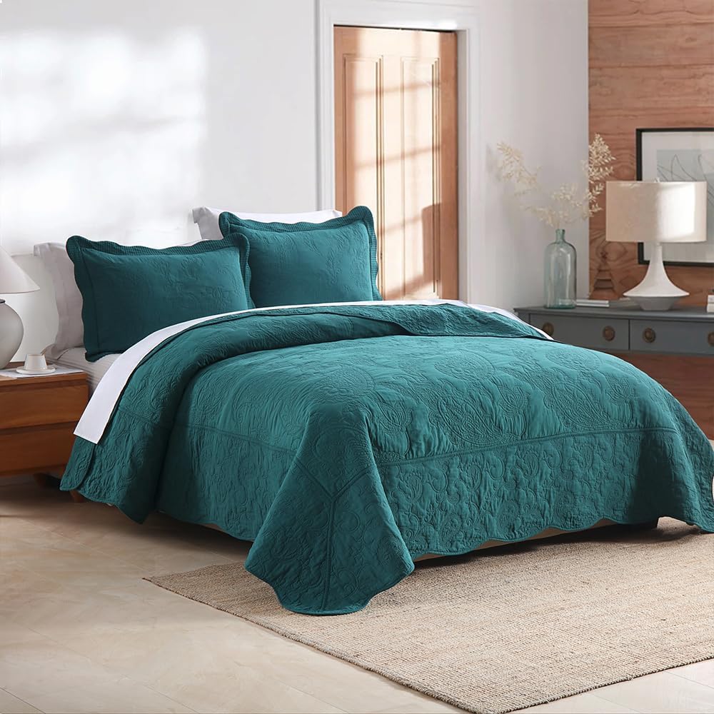 Cotton Bedspread Quilt Sets, Real Patchwork Bedding Sets with Luxury Floral Paisley Pattern, 3 Pieces Reversible Soft Lightweight Coverlet for All Season, Turquoise, King Size