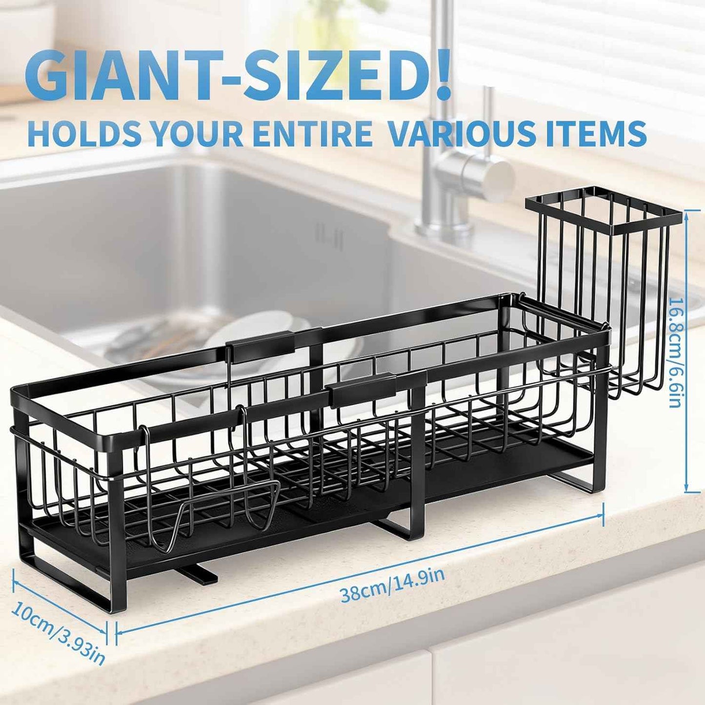 Aurblozen Extra Large Extendable Sponge Holder for Kitchen Sink, Rustproof Sink Caddy Organizer with High Brush Holder, Dish Soap Dispenser Organizers and Storage (Black)