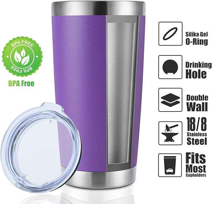 DOMICARE 20oz Stainless Steel Tumbler Bulk with Lid, Double Wall Vacuum Insulated Travel Mug, Powder Coated Coffee Cup, Powder Purple, 1 Pack