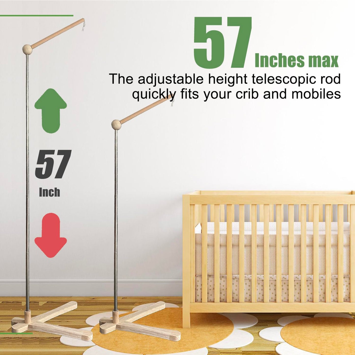 Crib Mobile Wooden Arm, Suitable for All Cribs 100% Natural Larch Hanger Nusery Decor Baby Room Safe Holder(Mobile is not Included (Standing Arm)
