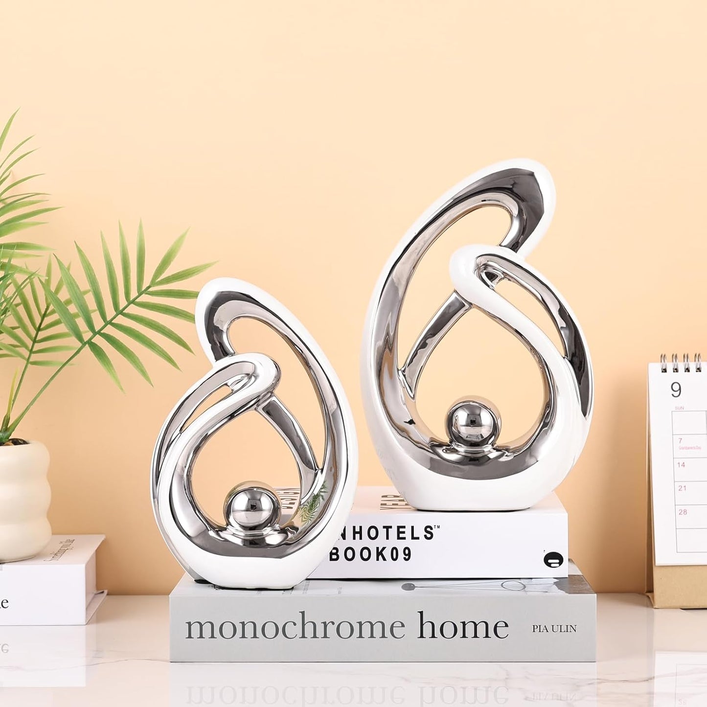Abstract Ceramic Statue Set of 2, White and Silver Home Decor, Modern Art Living Room Decor, Room Accessories tv cabinets Bookshelves dividers Dining Table centerpieces, Foyer Entry Decor.