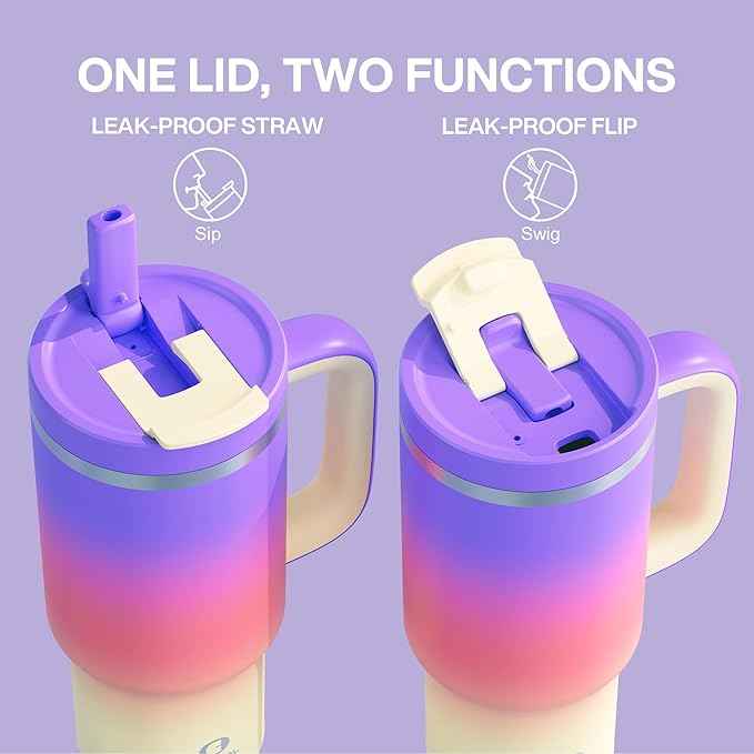32 oz Tumbler with Handle and Straw: Stainless Steel Insulated Tumbler Keeps Cold for 24 Hours, Leakproof Travel Cup Fits in Cup Holder and BPA-Free, Peach Dream