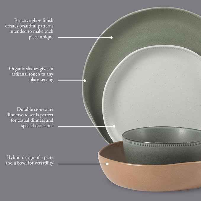 Gibson Elite Menlo Park 16-Piece Pottery Clay Stoneware Dinnerware Set – Assorted Color Reactive Glaze, Organic Shape Embossed Plates and Bowls W/Pasta Bowl, Service for 4 Microwave Dishwasher Safe