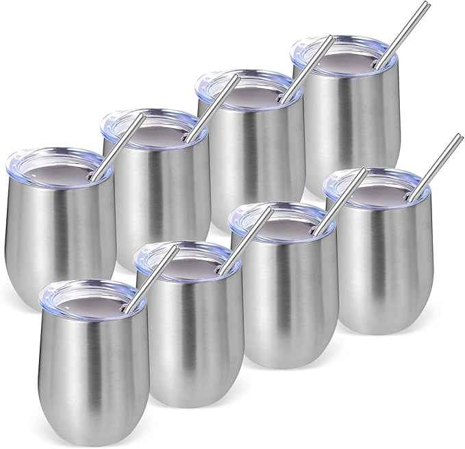 Volhoply 12oz Stainless Steel Wine Tumbler with Lid Bulk 8 Pack,Double Wall Vacuum Stemless Wine Glasses,Reusable Metal Travel Coffe Mug with Straw,Insulated Cup Gifts for Christmas（Silver,8 Set）