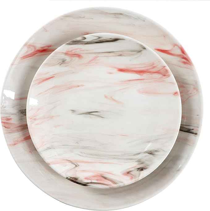 Elama Fine Marble 16 Piece Porcelain Dinnerware Set, Tableware Set, Everyday Dining, Service for 4 (Red/Gray)