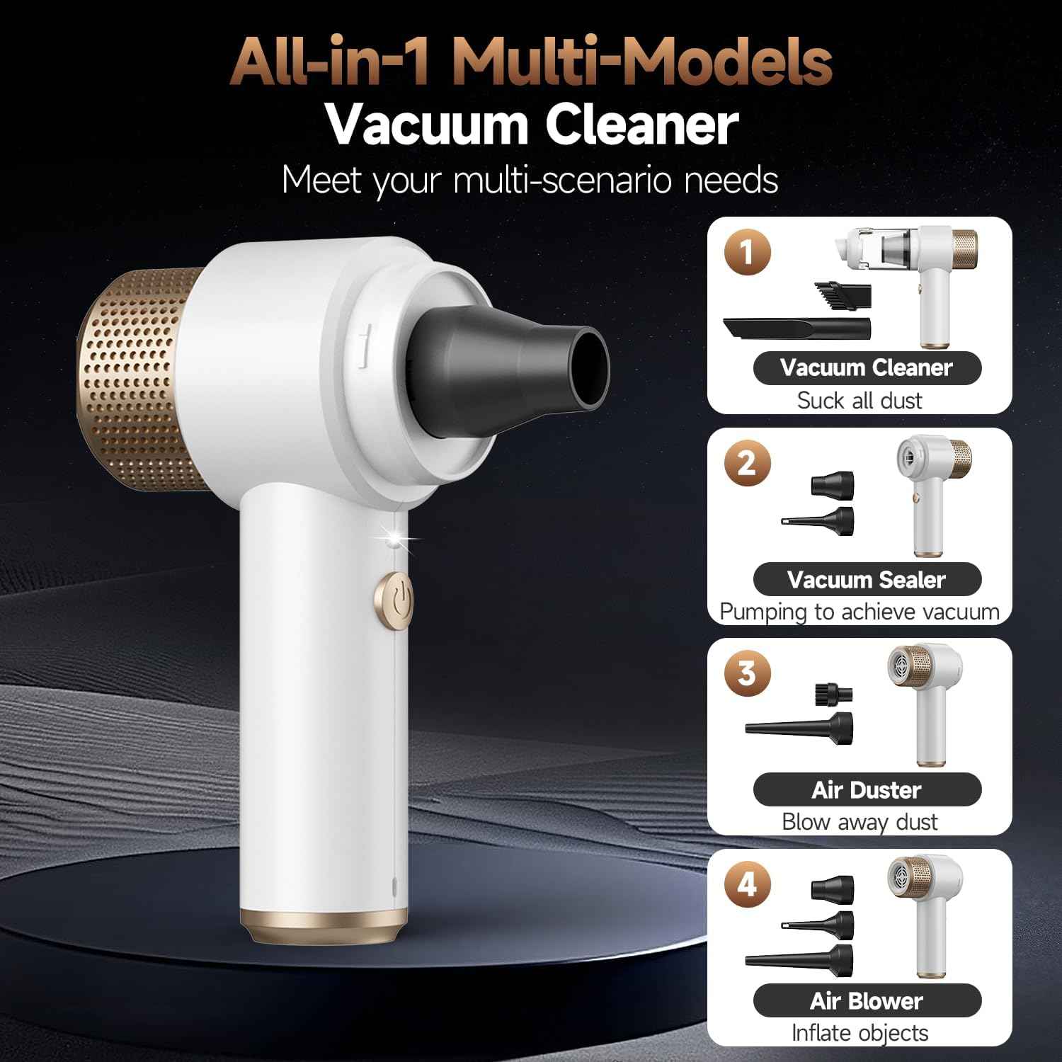 Vizeusvac Car Vacuum Cleaner, 16000PA Mini Car Vacuum Cordless Powerful, 7 in 1 Portable Handheld Vacuum Cordless with LED Light, Dual Filters, One-Touch Empty for Pet Hair, Home, Office