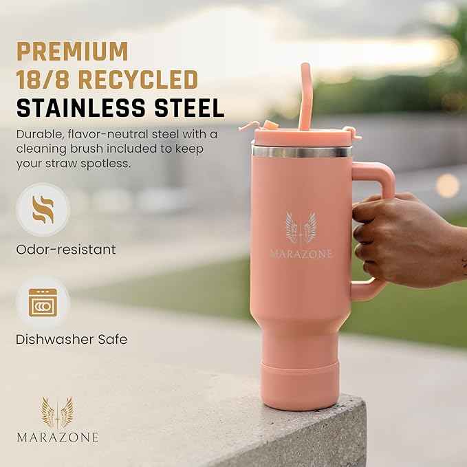 MARAZONE 40oz Stainless Steel Travel Tumbler Cup with Handle, Three-Position Lid, Straw with Silicone Tip, Vacuum Insulated Water Bottle for Hot & Cold Drinks, Great Gifts for Mom, Sunset