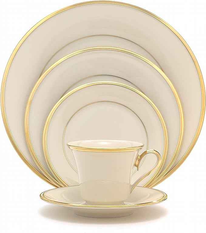 Lenox Dinnerware Set, Eternal 5-Piece Place Setting, 24-Karat Gold Accents Set, Service for 1, Made Of Ivory Porcelain, Dishwasher Safe, Plates, Cups And Saucers, Home And Kitchen (Ivory, 5 Pcs)