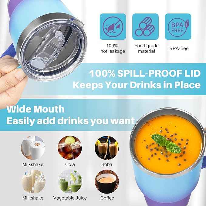 30 oz Stainless Steel Tumbler with Handle, Double Wall Vacuum Insulated Coffee Mug Tumbler with Lid and Straw, Thermal Cup for Cold and Hot (Blue Purple)