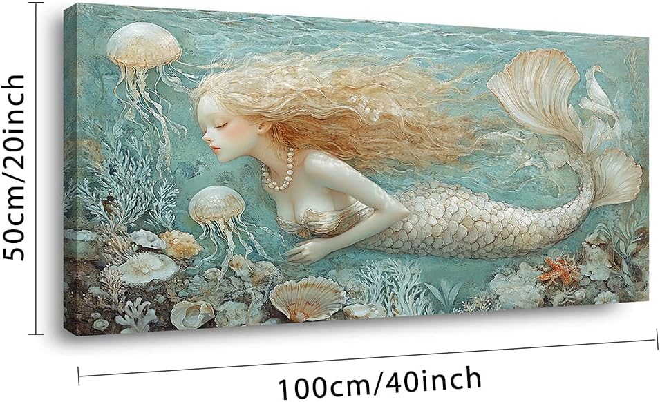 LASMOND Ocean Mermaid Wall Art for Girls Room Modern Canvas Prints Marine Organism Underwater World Sea Creatures Artwork Paintings Women Bedroom Wall Decor (40x20 Inches)