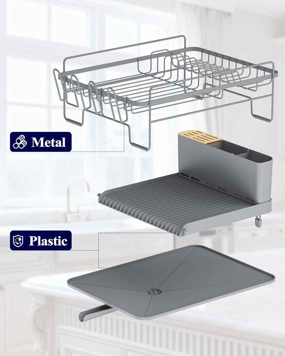 Kitsure Extendable Dish Drying Rack, Large Drying Dish Rack with Cutlery & Cup Holders, Multifunctional Dish Racks for Counter with Drainage, 18.2"-25.7" L x 12.9" W, Grey