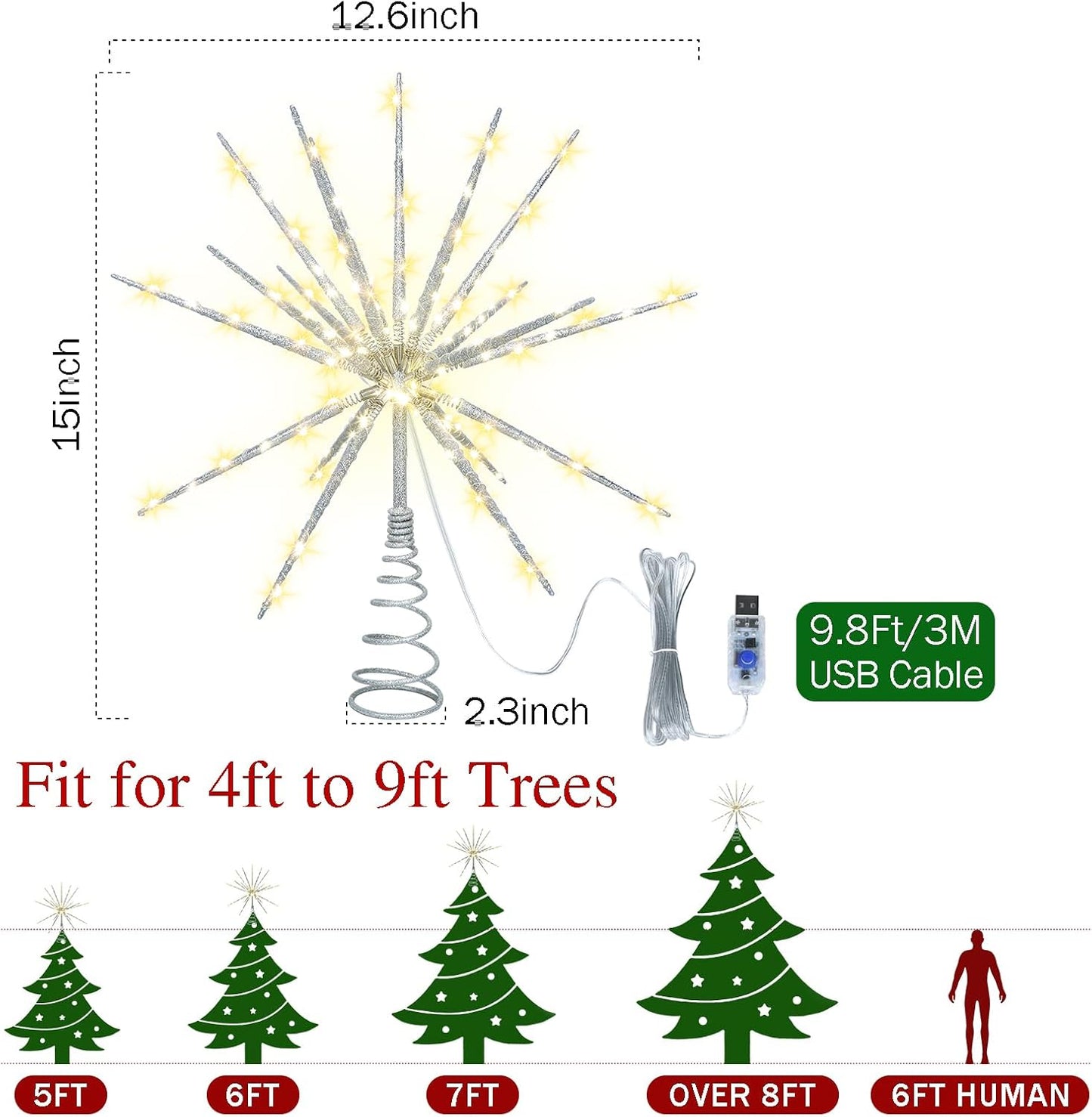 15 Inch Christmas Tree Star Topper with 150 LED Timer Lights & Remote, 19-Point USB Powered Lighted Silver Starburst Star Tree Topper for Indoor Holiday Party Xmas Tree Decor