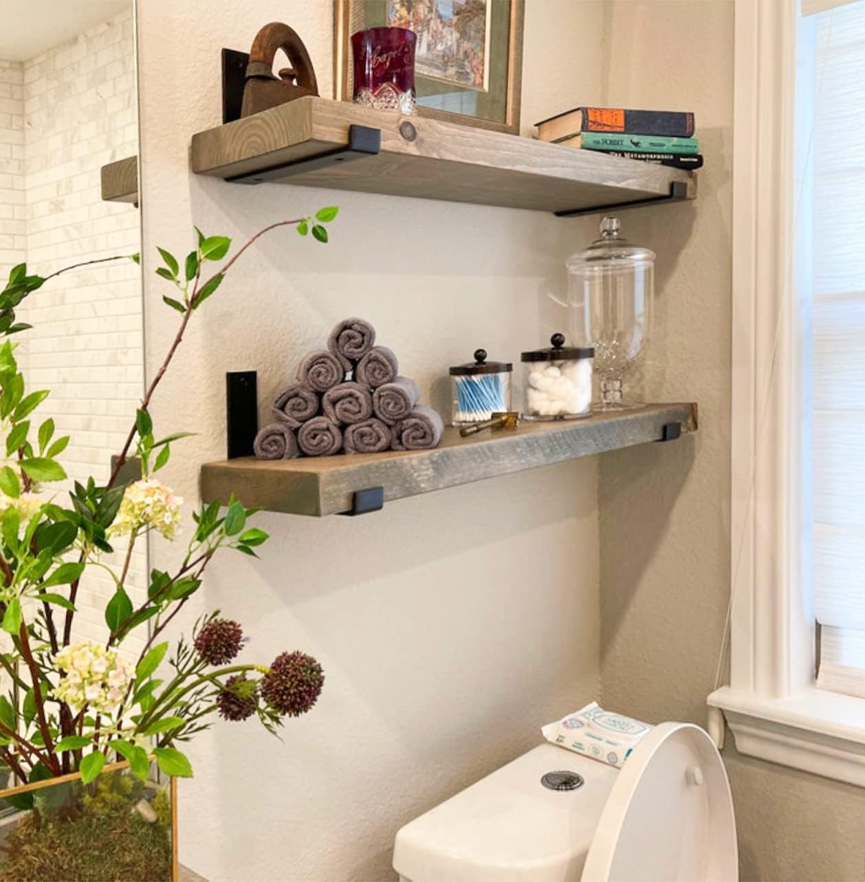 Rustic Shelves with J-Brackets Set of 2, Industrial Shelf, Kitchen Shelves, Solid Wood, Decorative Wall Storage, Heavy Duty, URBANDI (Grey, 36Wx12D)