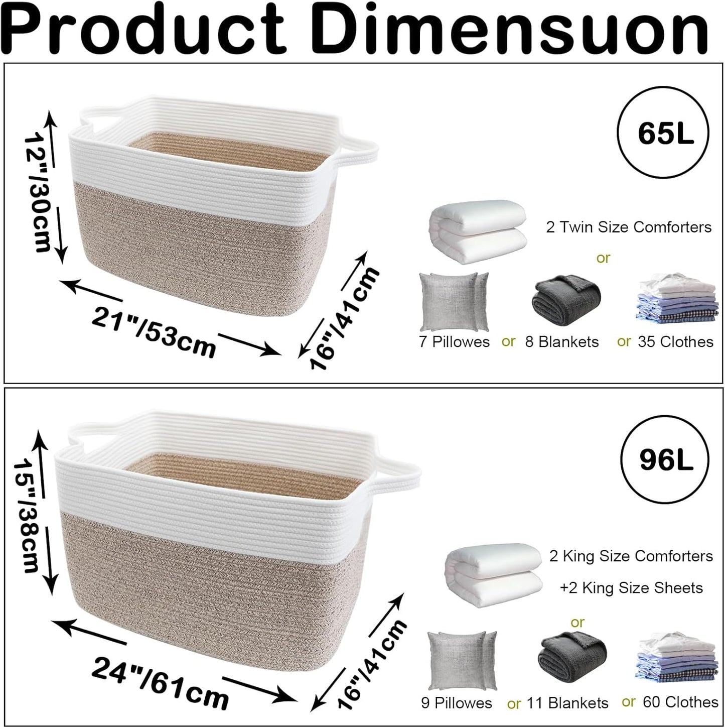 Large Blanket Basket,Woven Rope Basket Storage Bin with Handles,65L Rectangle Laundry Basket for Magazines,Toys,Clothes,Newspaper Shelf Organization,Nursery and Living Room,White & Brown