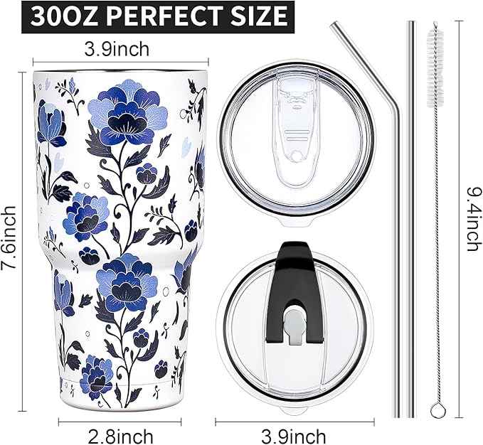 30 oz Tumbler with Lids and Straws Double Wall Insulated Tumbler Cup,Stainless Steel Vacuum Tumbler Powder Coated Travel coffee Mug for Cold and Hot Drinks,Blue and White Porcelain