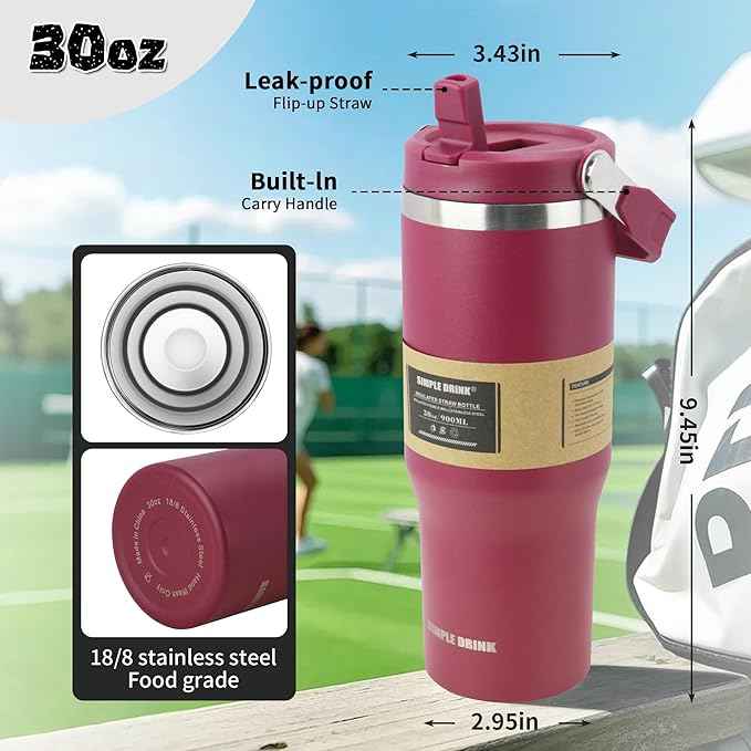30oz Flip Straw Insulated Water Bottle with Handle, Leak Proof Stainless Steel Travel Tumbler With Lid, Double Wall Vacuum Iced Coffee Travel Mug, Sport Cup, Outside use