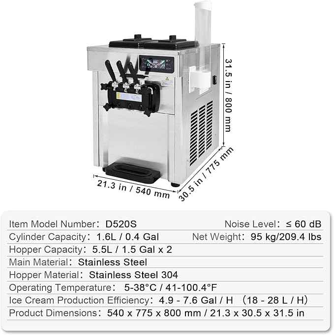 Happybuy Commercial Ice Cream Machine, 1850W, 18-28 L/H Yield, 3-Flavor Countertop Soft Serve Maker, 2 x 5.5L Stainless Steel Cylinder, LED Panel, Auto Clean & Pre-cooling, for Restaurant Bars