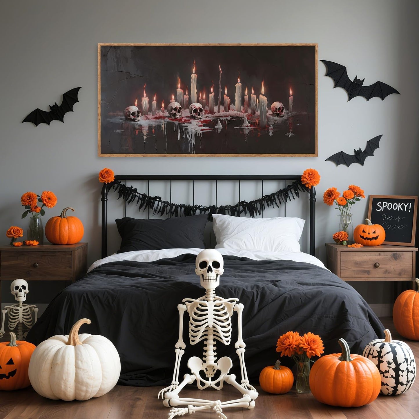 Aurlan Gothic Bloody Skull and Candles Framed Wall Art(40"x20"), Large Horror Dark Academia Halloween Skeleton Canvas Artwork, Modern Goth Spooky Creepy Ghost Decor for Home Office Bedroom