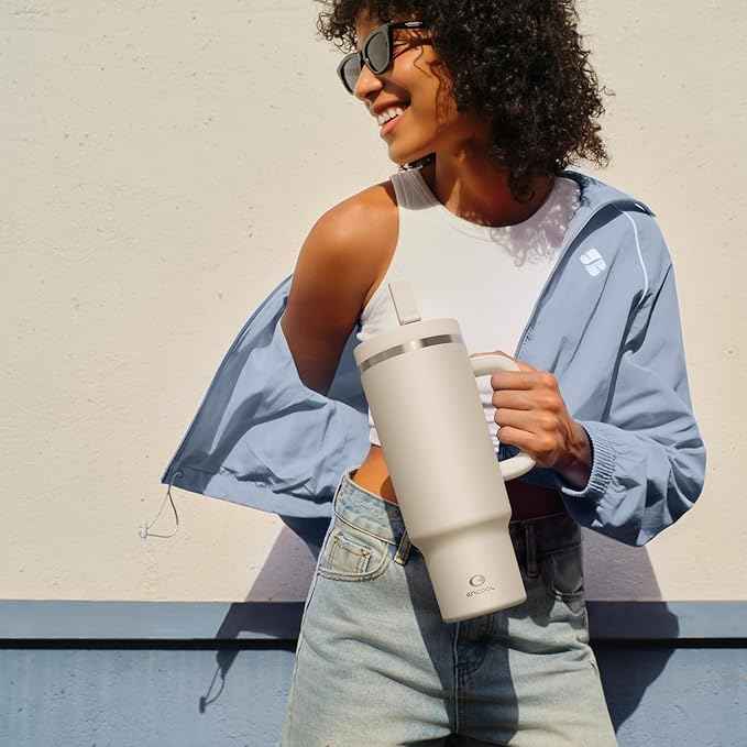 ENCOOL 40 oz Tumbler with Handle and Straw: Stainless Steel Insulated Tumbler Keeps Cold for 24 Hours, Leakproof Travel Cup Fits in Cup Holder and BPA-Free, Cream Moon