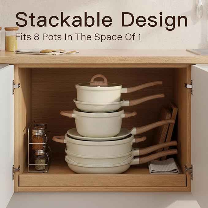 Pots and Pans Set Non Stick Non-Toxic 22 Pcs Ceramic Cookware Sets Nonstick Kitchen Pot&Pan With Lid Cream White Granite Induction Compatible with Glass Lids Crepe Frying Pan PFOA/PFOS-Free