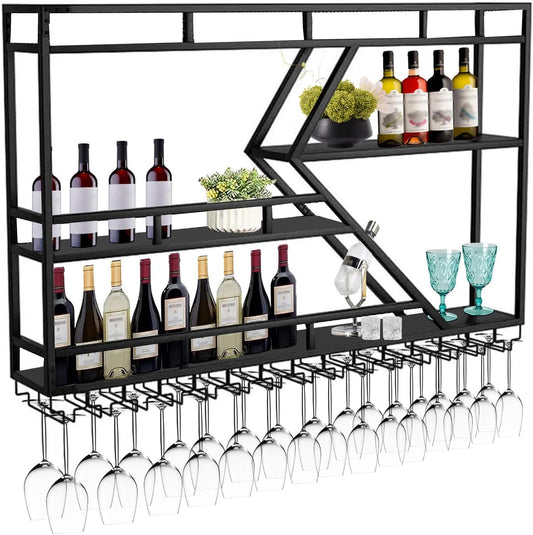 Wall Mounted Wine Rack with Glass Holder, 3-Tier Metal Storage Shelf, Black Diamond Design, Wine Bottle Display with Stemware Storage (Black, 47.24in/Left)