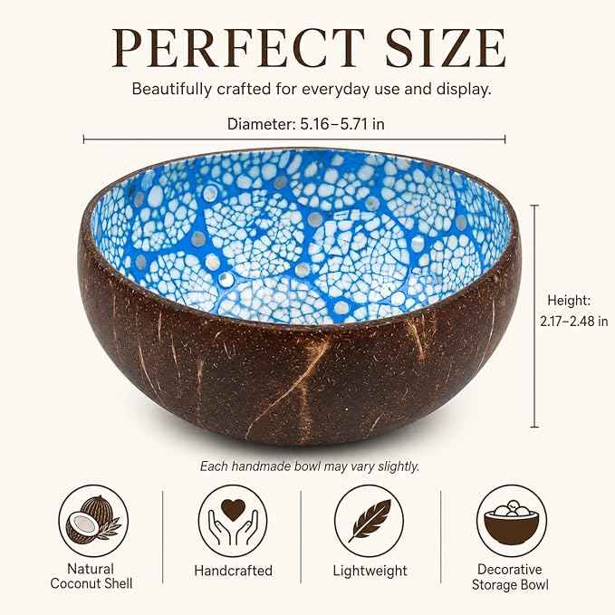 ChezMax Natural Coconut Bowl with Mother of Pearl Inlaid Shell - Handcrafted Home Decoration, Entryway Table Key Bowl or Candy Container, Fruit and Nuts Holder (Blue)
