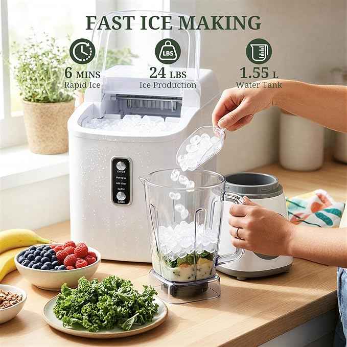 Nugget Ice Maker Countertop, 6-Min Fast Chewable Pellet Ice, 24lbs/24H Portable Ice Machine with Self-Cleaning, Ice Full & Low Water Indicator, Basket & Scoop for Home, Party, RV, Camping (White)
