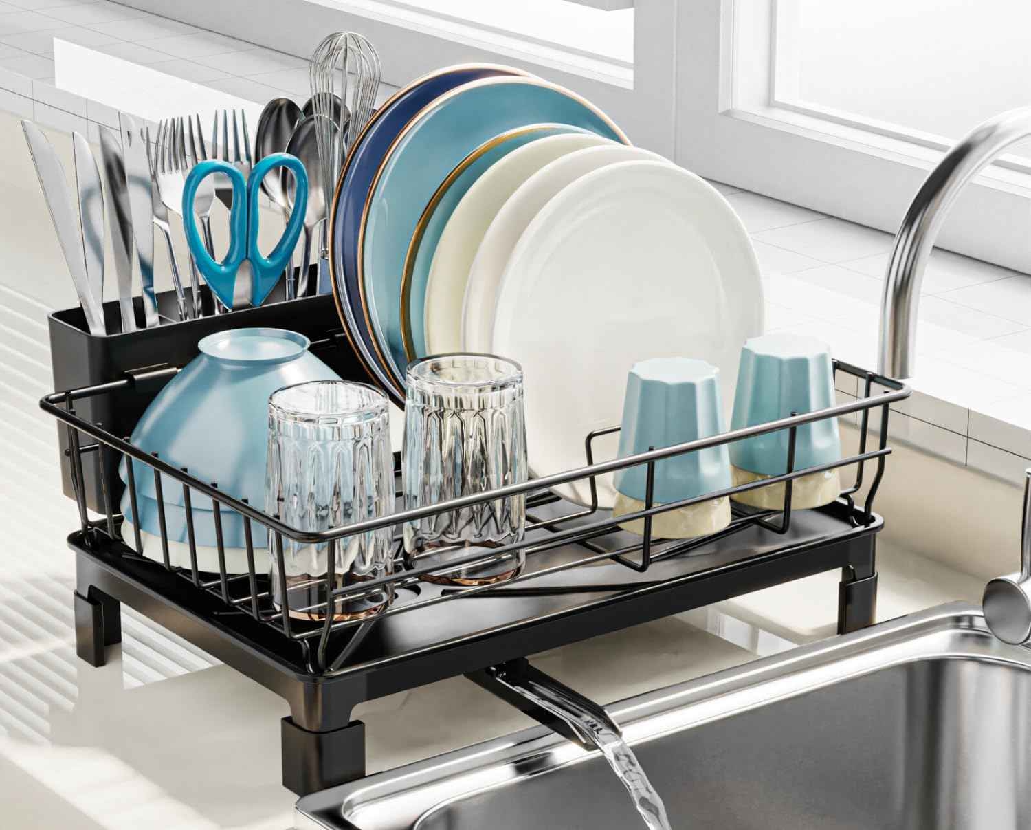GSlife Small Dish Drying Rack for Kitchen Counter with Drainboard - Compact Dish Drainer for RV, Camper and Apartment, Rust-Resistant Wire Rack with Utensil Holder, 15"L x 10"W, Black