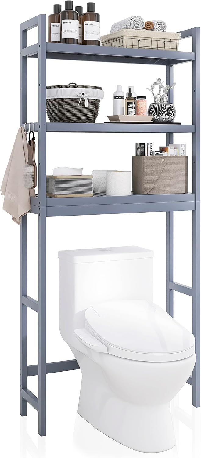 SMIBUY Bathroom Storage Shelf, Bamboo Over-The-Toilet Organizer Rack, Freestanding Toilet Space Saver with 3-Tier Adjustable Shelves (Grey) - Lumora Casa