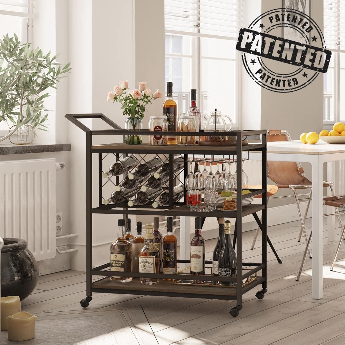 FATORRI Bar Cart for The Home with Wine Rack and Glasses Holder, Small Home Bar Serving Cart on Wheels for Liquor and Alcohol (Walnut Brown)