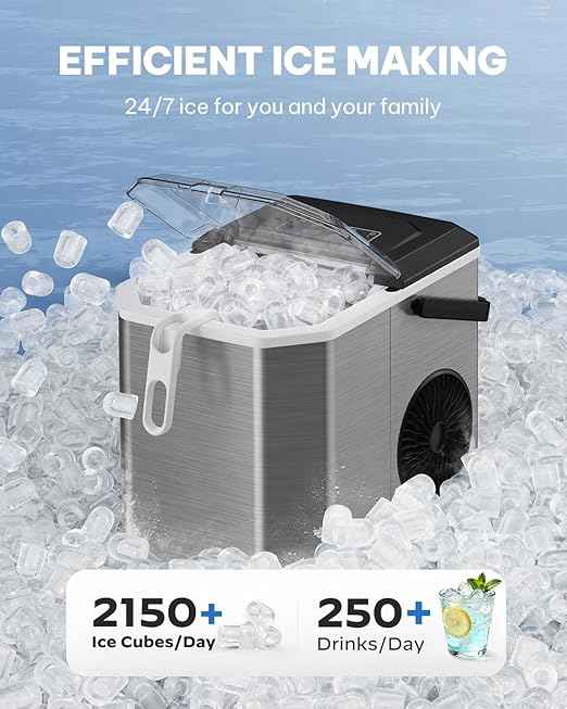 Silonn Ice Maker Countertop, Stainless Steel Portable Ice Machine with Carry Handle, Self-Cleaning Ice Makers with Basket and Scoop, 9 Cubes in 6 Mins, 26 lbs per Day