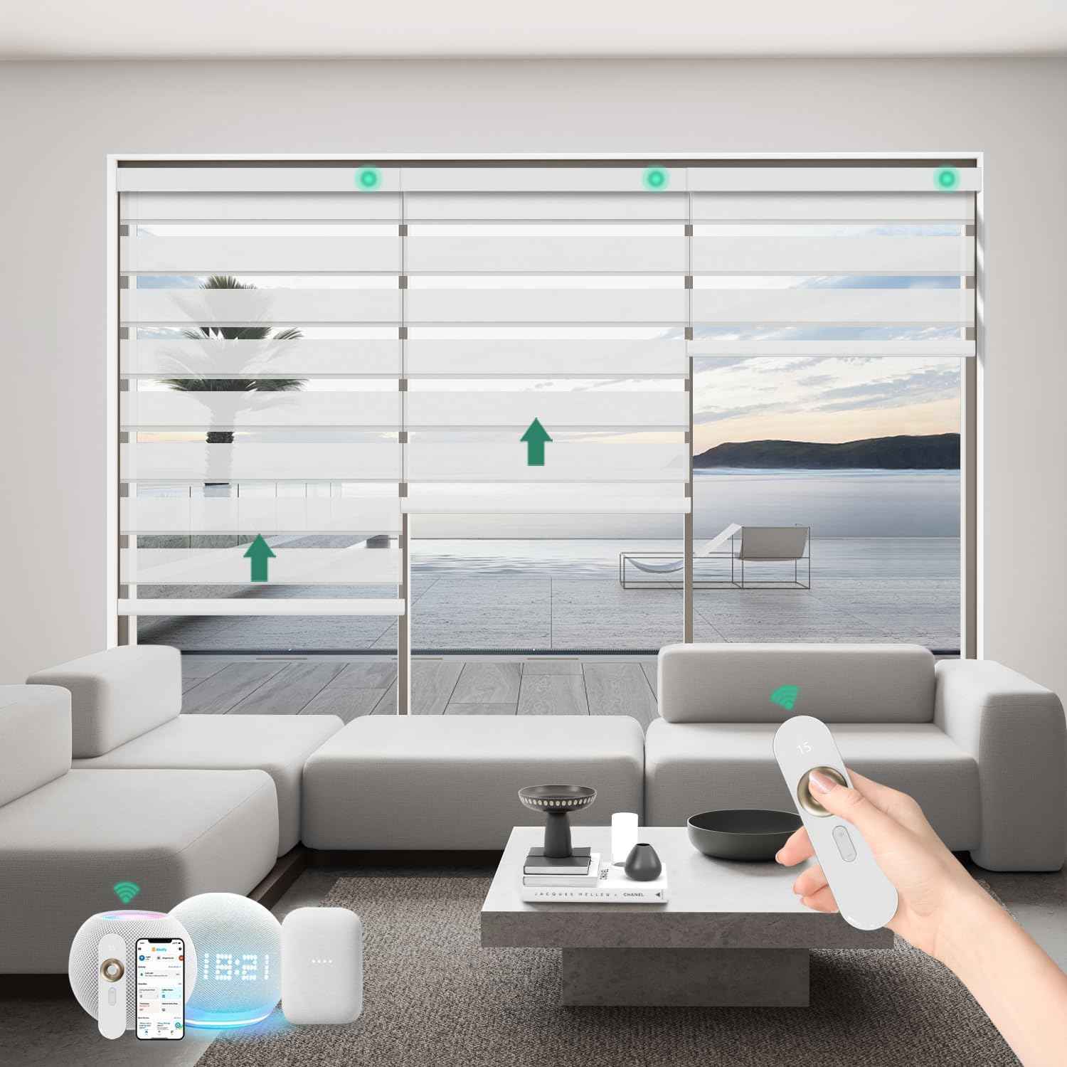 Motorized Zebra Blinds with Remote, Work with HomeKit Alexa Automatic Electric Window Shades 90% Blackout Light Filtering for Smart Home and Office, Customized Size Classic White