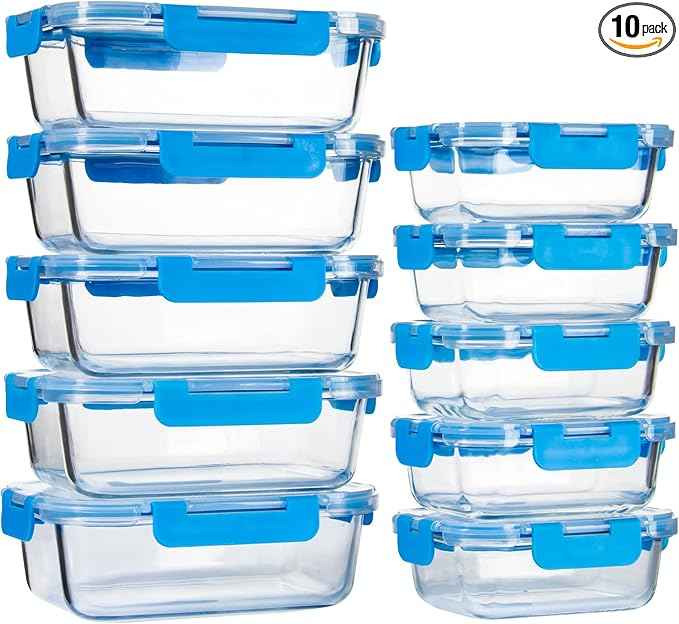 UMEIED 10 PACK Glass Food Storage Containers with Leak Proof Lids, Glass Airtight Meal Prep Containers Set for Lunch, On the Go, Leftover, Kitchen Pantry Organizers and Storage (Blue)