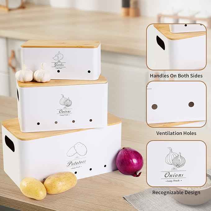 3 Pack Metal Vegetable Storage,Potato Onion Garlic Storage Set,Kitchen Canisters Vegetable Keeper,Stackable Pantry Organizers with Ventilation Holes and Bamboo Lids(WHITE)