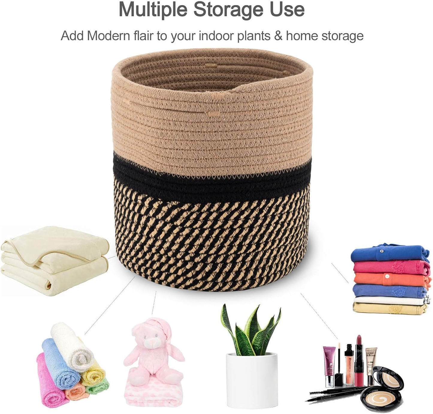 Woven Cotton Rope Plant Basket for 11" Flower Pot Floor Indoor Planters,Storage Organizer Basket Rustic Home Decor (11" x 11",Black and Brown Stripes)