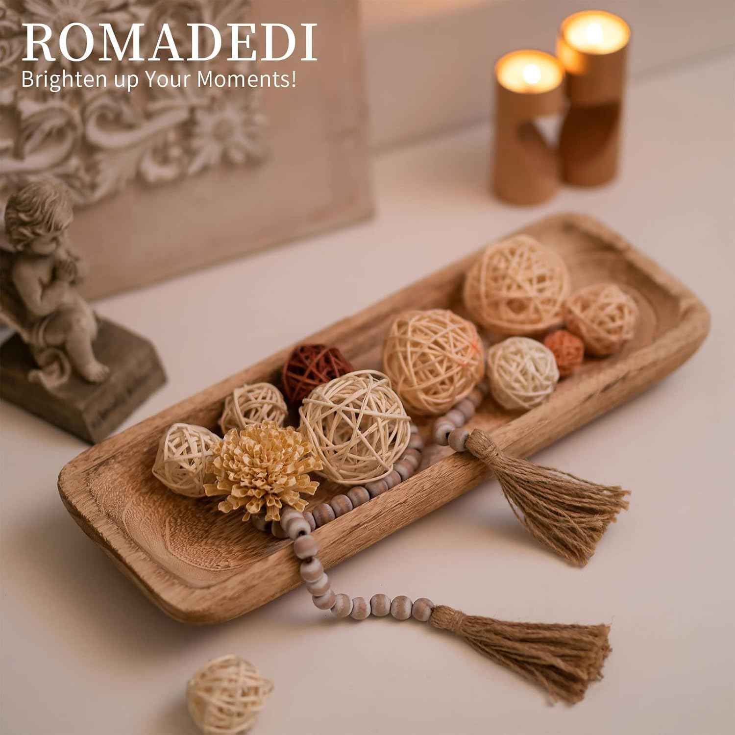 Romadedi Decorative Bowls for Home Decor, Wooden Dough Bowl for Decor, 16" Large Wood Bowl for Kitchen Table Centerpieces, Long Narrow Wooden Tray for Dining Table Decor Centerpiece