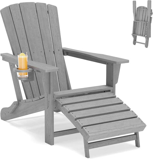 Folding Adirondack Chair with Retractable Ottoman,HDPE Outdoor Adirondack Chair with Cup Holder,All-Weather Lounge Chairs for Outside,Patio,Pool,Fire Pit,Grey