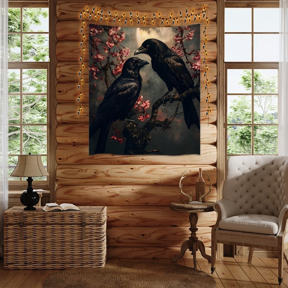Mystic Gothic Raven Tapestry Halloween Crow Decor Vintage Dark Academia Bedroom Tapestries Retro Art Aesthetic Wall Tapestry for Bedroom Dorm Living Room white