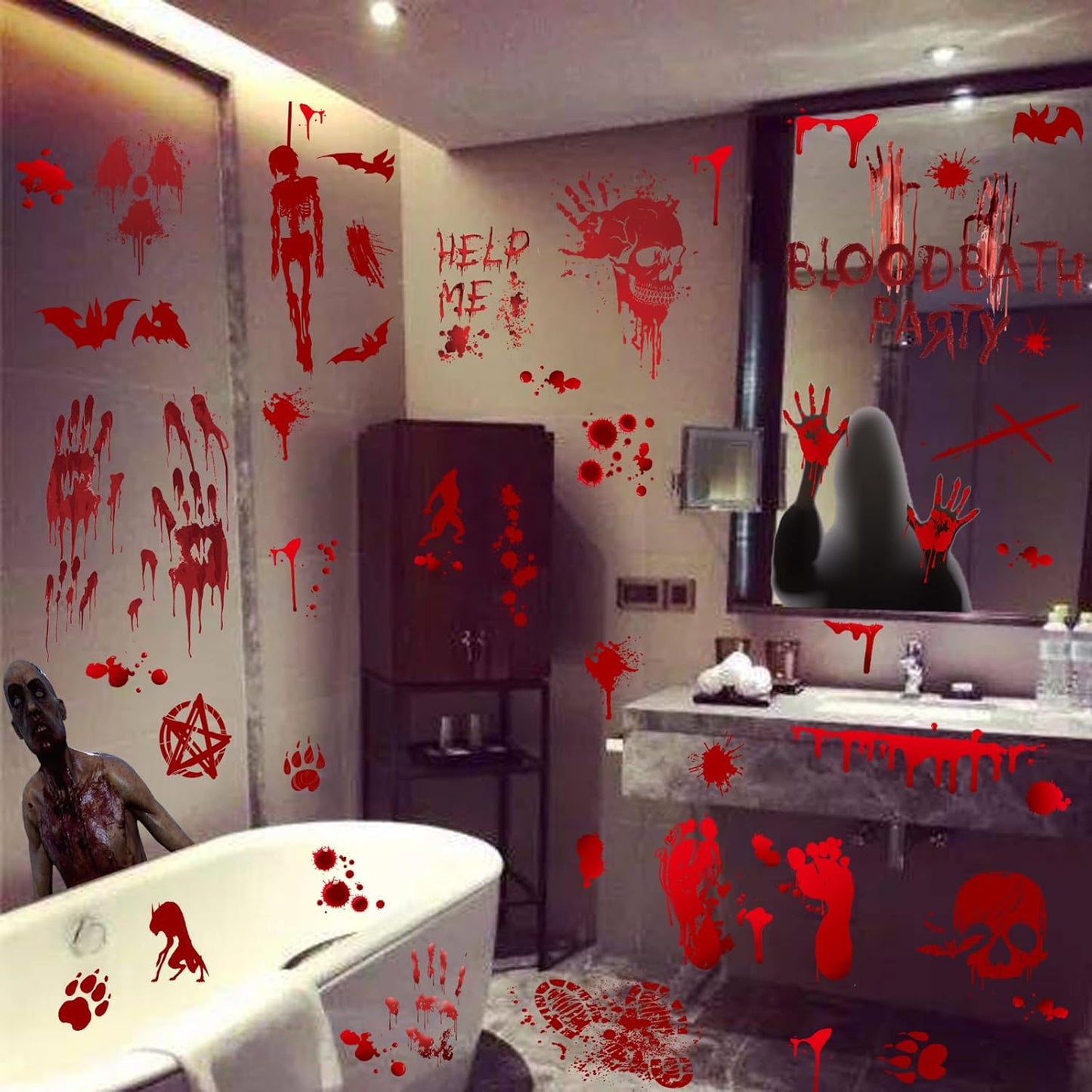 MSQ 73 Pcs Bloody Window Stickers - Removable Handprint & Footprint Decals for Halloween Party Decorations - Horror Window Stickers 9 Sheets
