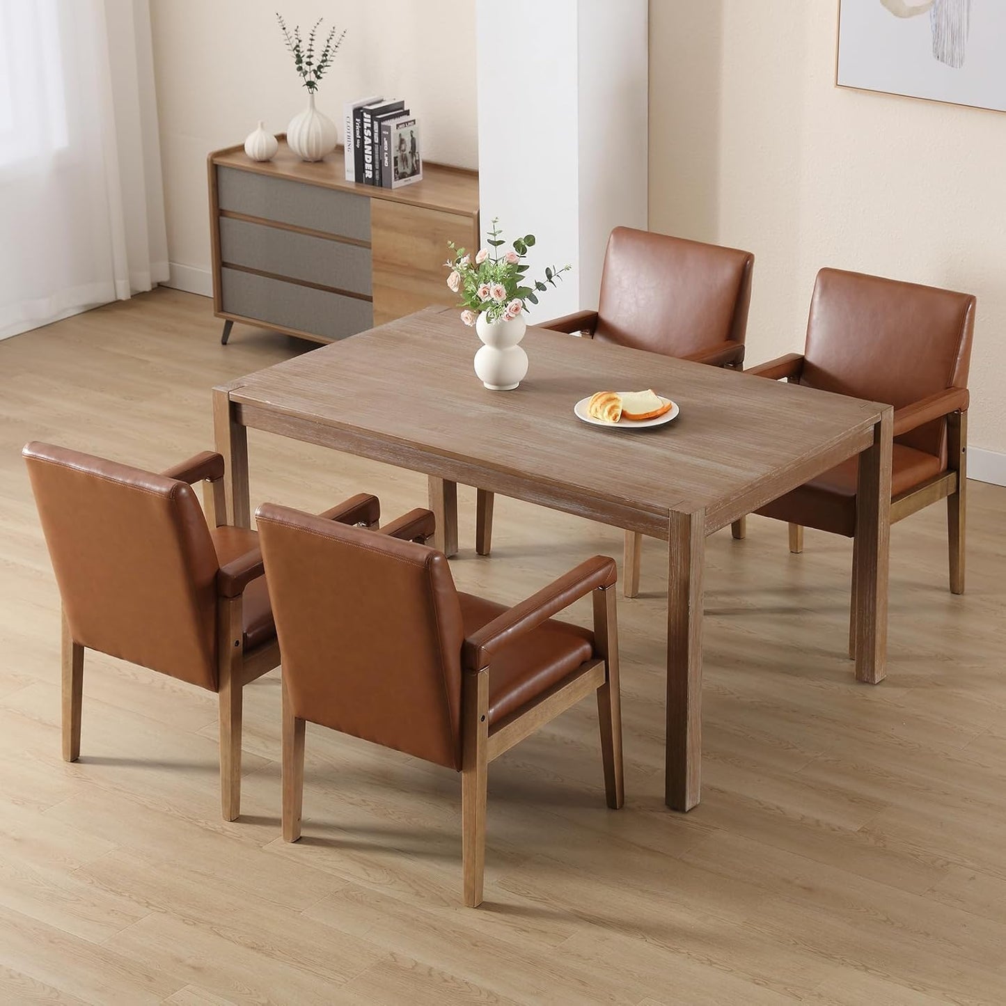 Kmax Modern Dining Chairs Set of 2 Faux Leather Kitchen Arm Chairs Upholstered Accent Chairs with Wooden Legs for Dining Room, Living Room, Bedroom, Brown