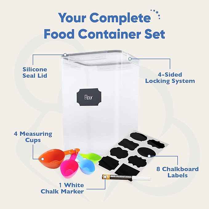 Chef's Path Extra Large Tall Airtight Food Storage Containers, Set of 4, Airtight Food Storage for Flour, Sugar, Rice, Includes Measuring Scoops, Pen, and Labels, 7qt, 220Oz, 6.5L, Transparent