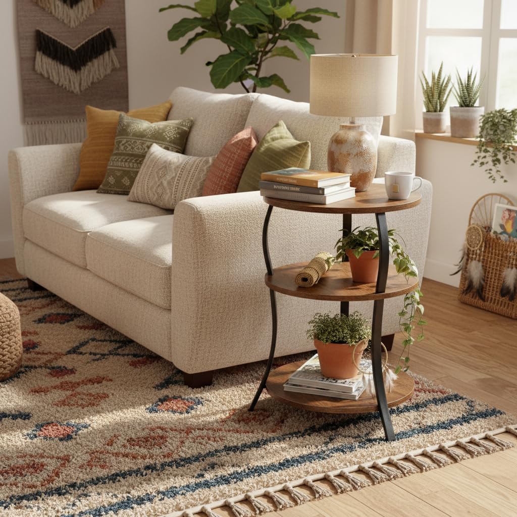 Round Side Table, 3-Tier End Table with Storage Shelf for Narrow and Small Spaces, Round Sofa Table Vintage Corner Tables for Living Room,Bedroom Nightstand/Rustic Brown
