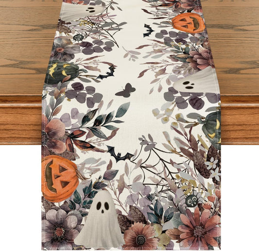 Artoid Mode Jack-O'-Lantern Pumpkin Floral Ghost Halloween Table Runner, Eucalyptus Kitchen Dining Table Decoration for Home Party Decor 13x90 Inch