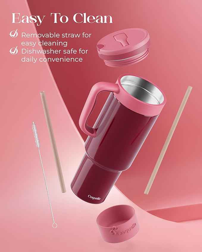 40 oz Insulated Tumbler with Handle and Push-Button Straw Lid, Stainless Steel Travel Cup for Gym Office, Leakproof, BPA-Free, Cup Holder Friendly, Bow Silicone Boot, Red (Wine Burgundy)