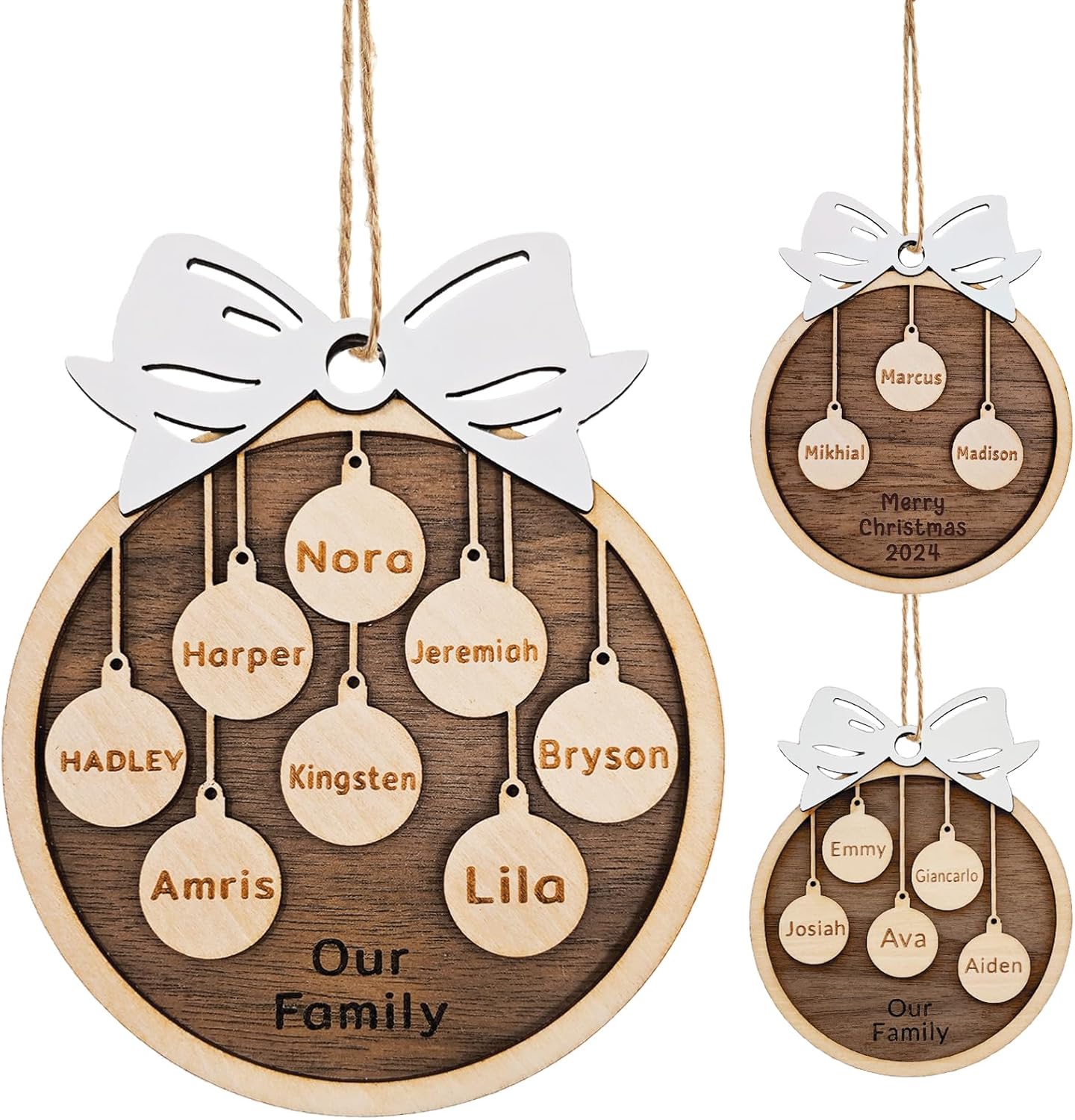 Personalized Christmas Ornaments 2025 with Family Names Custom Wooden Ornaments for Christmas Tree Personalized Christmas Ornament Gifts (1-10 Names)