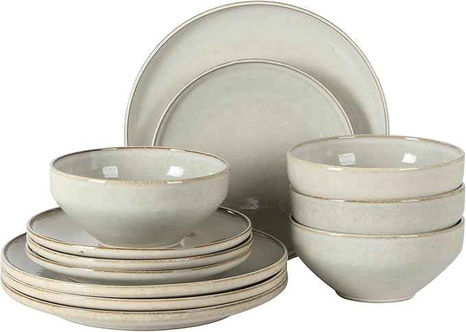 Gibson Elite White Sands Plates and Bowls Sets, 12-Piece Stoneware Dinnerware Sets, Reactive Glaze Dish Set - Moonstone White