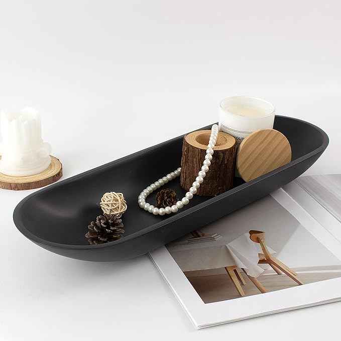 Enhanced Long Large Decorative Bowl for Home Decor - Long Dough Bowl for Table Centerpieces 17.72"W x 2.24"H - Black Minimalist Design Dough Decor Bowl for Coffee Table, Dining Table Centerpiece