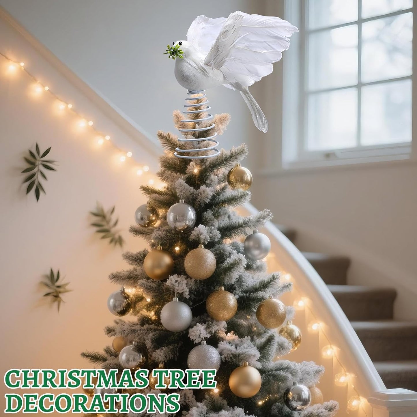 Retisee 9 Inch Dove Olive Christmas Tree Topper White Bird Christmas Tree Decoration Peaceful Flying Dove Ornaments Artificial Feather Flocked for Hanging Wedding Party Decor