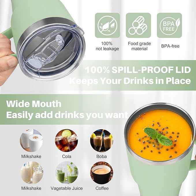 30 oz Tumbler with Handle, Stainless Steel Insulated Tumbler with Lid and Straw, Double Wall Vacuum Coffee Mug Tumbler, Insulated Coffee Thermal Cup for Cold and Hot (Matcha)